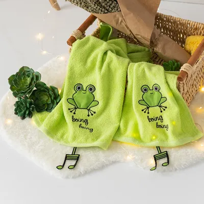 Image de Milk&Moo Cacha Frog Set de serviettes pour enfants, 100% coton, doux et moelleux, extrêmement absorbant et résistant à la décoloration, 1 serviette de bain et 1 gant de toilette, set de 2, vert, dès 0 mois