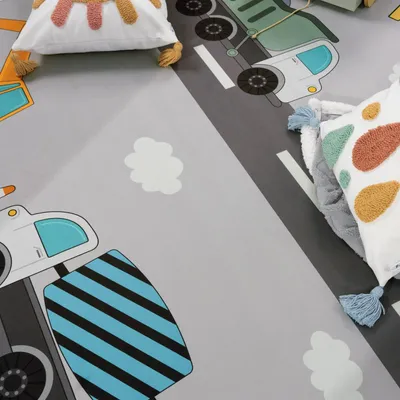 Produktbild von Kinderteppich waschmaschinenwaschbar Baustellenfahrzeuge‑Muster Kinderzimmer schmutzabweisend Grau Rund 160D | 100% Polyester | pflegeleicht