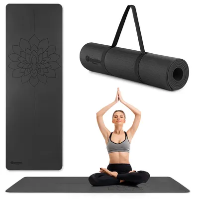 Obrázok produktu pre Jogamatka HyperMotion Lotus 6 mm – neklzká fitness podložka z TPE, jogamatka s popruhom na prenášanie, 183 x 61 cm, na jogu, pilates a gymnastiku – čierna