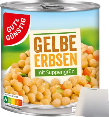 Produktbild von Gut & Günstig Gelbe Erbsen mit Suppengrün (800g Dose) + usy Block