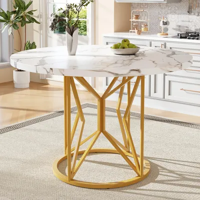 Obrázek produktu pro Kulatý jídelní stůl o průměru 100 cm s geometrickými kovovými nohami, určený pro čtyři až šest osob