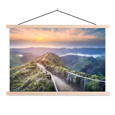 Produktbild von MuchoWow® Textilposter Berge - Sonne - Natur 120x80 cm mit holzfarbenen Rahmen - Aufhängeset