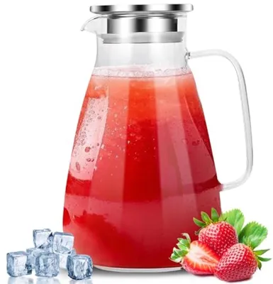 Produktbild von PromoHome® Glaskaraffe 2,2L – Hitzebeständig mit Edelstahldeckel und Filter – für Wasser, Saft, Tee