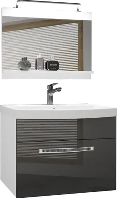 Image de BELINI Meubles de salle de bains Set complet armoire de toilette, lavabo, miroir, lampe (gris, brillant)