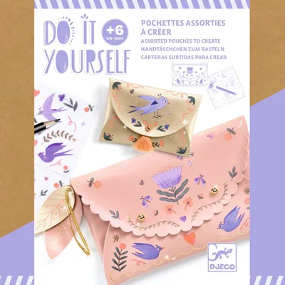 The image shows the packaging for a DIY craft kit for making pouches, featuring illustrations of the finished products and the brand logo.