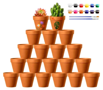 Produktbild von 20 Stück Mini Terrakotta Töpfe 4,5 x 4 cm, Kleine Tontöpfe mit Farben und Pinsel, Tontöpfe zum Basteln, Wiederverwendbare Terrakotta Töpfe mit Abflussloch für Wohnung und Büro