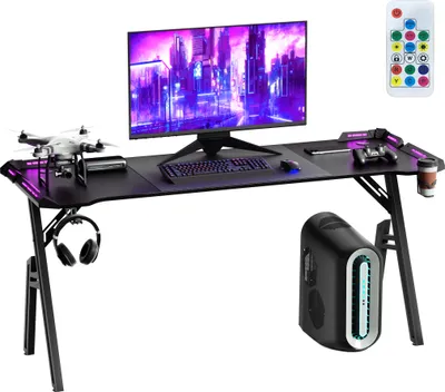 Image de UISEBRT Table de jeu ergonomique avec éclairage LED, bureau pour PC, table de gamer éclairée, table d'ordinateur ajustable Noir, 160*60*74 cm