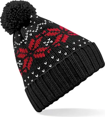Produktbild von Beechfield B456 | Fair Isle Snowstar Beanie - Farbe: Black/Classic Red/White - Größe: One Size