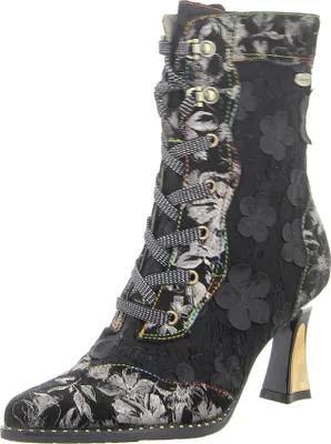 A single black lace-up boot with floral patterns and a metallic heel, presented against a white background.