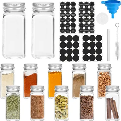 Produktbild von Bettizia Gewürzbehälter-Set 24 Stück, 120ml Glas Eckig. Spülmaschinenfest, Löffelgeeignet. Mit Trichter, Etiketten, Reinigungsbürste & Stift. Für Küche, Camping