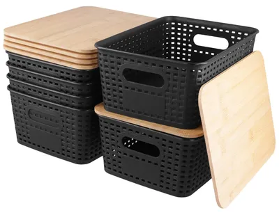 6er-Set Aufbewahrungsboxen mit Bambusdeckel, 25,5x18,5x10,5 cm, schwarz