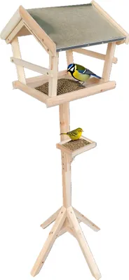Produktbild von Relaxdays Vogelfutterhaus mit Ständer, wetterfestes Metalldach, Garten, Balkon & Terrasse, Vogelhaus, Tannenholz, natur