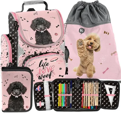 Immagine prodotto di Set da 3 pezzi: zainetto per bambini a forma di cucciolo, zaino ergonomico, set per bambine – Zainetto + astuccio + borsa per la ginnastica