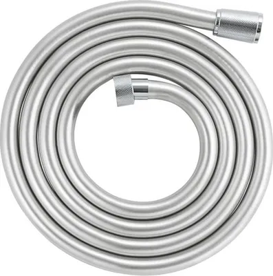 A coiled silver shower hose on a white background.