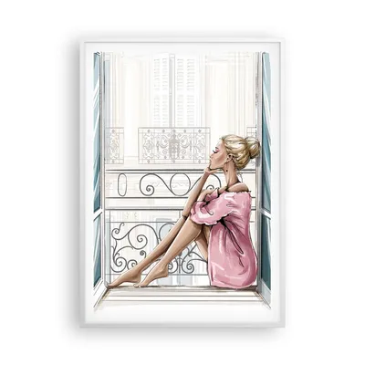 Produktbild von Gerahmtes Poster - Weißer Rahmen - Frau Balkon Fenster - 70x100 cm - Wand Bild - Wanddeko - Wandbilder - Kunstposter - Wandposter - Bilderrahmen - Bilder - Kunstdruck - P2WPA70x100-5172