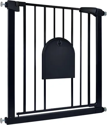 Obrázek produktu pro Bezpečnostní zábrana pro domácí zvířata, zábrana pro psy do dveří a na schody (75–85 cm), integrovaný otvor pro zvířata, montáž bez vrtání, černá barva