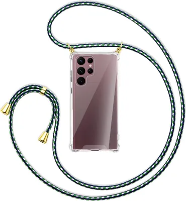 Produktbild von Handykette Backcover-Schutzhülle mit Band (Metall goldfarben) für Samsung Galaxy S22 Ultra 5G (S908) - grün/blau/weiß