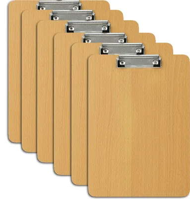 Image de Porte-blocs Relaxdays aspect bois, lot de 6, pince métallique caoutchoutée, dimensions : 31,5 x 22,5 x 0,5 cm, sous-main format A4, couleur naturelle