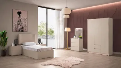 Obrázok produktu pre Moderná béžová posteľ, skriňa, komoda a nočné stolíky do detskej izby
