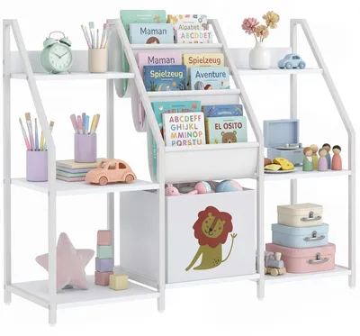 Immagine prodotto di AIYAPLAY Libreria Montessoriana per Bambini 3-8 Anni con 3 Ripiani in Tessuto, Scomparti in Legno e Cassetto, Bianco