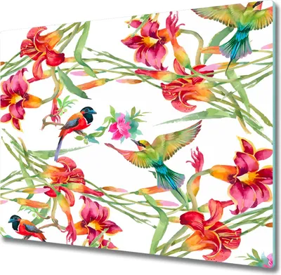 Produktbild von Glas Herdabdeckplatte 60x52 cm Spritzschutz Glasabdeckplatte Schneidebrett Exotische Vögel
