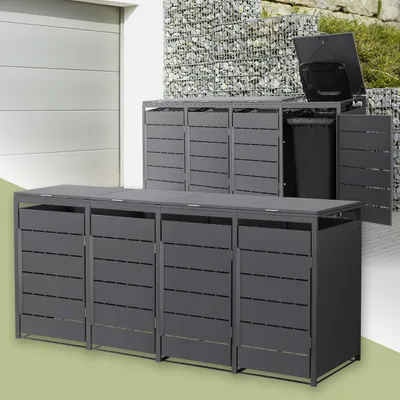 Zdjęcie produktu dla ML-Design 4-pojemnikowy pojemnik na śmieci, pokrywa na 4 pojemniki, 240 l, 260 x 80 x 120 cm, antracyt, wykonany ze stali, odporny na warunki atmosferyczne, pojemnik na śmieci z pokrywą i drzwiczkami na zawiasach