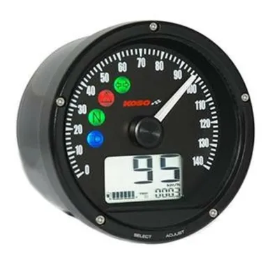 Produktbild von Koso Tachometer mit schwarzem Ziffernblatt, schwarzer Oberfläche und schwarzer Blende 0-240km/h oder MPH, einstellbar universal