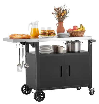 Produktbild von Outdoor-Grillwagen - Grilltisch 124 cm - Mit Aufbewahrungsschrank - Edelstahl-Arbeitsplatte - Haken und Flaschenöffner - Rollen - Küchenwagen & Servierwagen für Terrasse & Garten