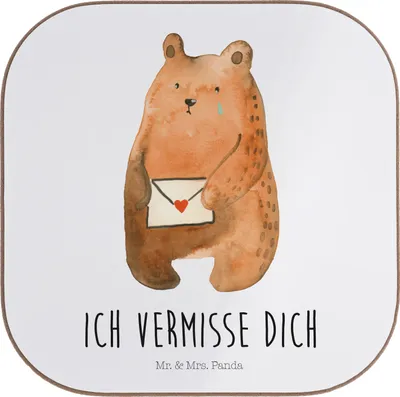 Produktbild von Mr. & Mrs. Panda Untersetzer für Gläser Bär Liebesbrief - Weiß - Geschenk, bieruntersetzer, Coaster, Vermissen, gläseruntersetzer, Holzuntersetzer, Partner, Freundin