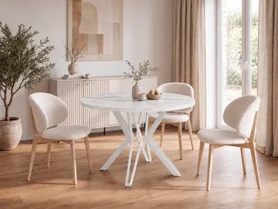 Produktbild von Runder Tisch für das Esszimmer - 100 oder 120 cm Durchmesser - Ausziehbarer Tisch in Weißenr Marmoroptik mit Pulverbeschichteten Weißen Metallbeinen - Industriestil - 100 cm - Marmor Weiß