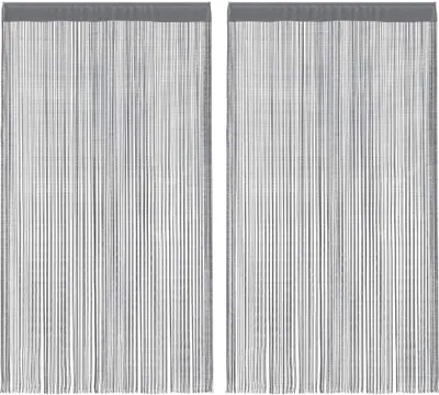Two grey string curtains are shown hanging side-by-side against a white background.