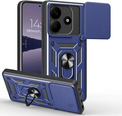 A blue armor case for a smartphone, shown from multiple angles.