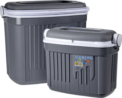 Two gray cooler boxes of different sizes are shown side-by-side against a white background.