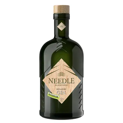 A bottle of Needle Black Forest Distilled Dry Gin.
