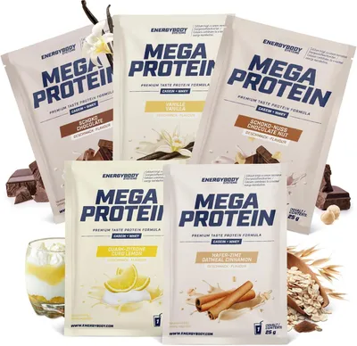 Produktbild von Energybody Mega Protein Probierpaket 1, Whey und Casein, Eiweißpulver, Proteinpulver, 5 x 25 g