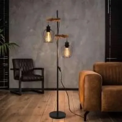 Image de Lampe sur pied ZMH à 2 lumières, salon, lampadaire en bois noir, lampe de salon sur pied, lampadaire en métal, douille E27, 151 cm, lampadaire pour chambre à coucher