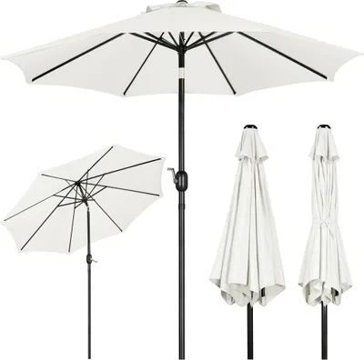 Multiple views of a white patio umbrella on a white background.