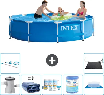 Produktbild von Intex Rundrahmen-Schwimmbecken – 305 x 76 cm – Blau – inklusive Pumpe Sonnensegel - Wartungspaket - Filter - Bodenplane - Reinigungskit - Solarmatte