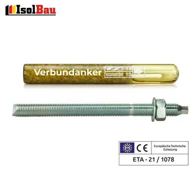 Set Verbundankerpatrone M10 + Ankerstange M10 x130mm Verzinkt ETA Mörtelpatrone