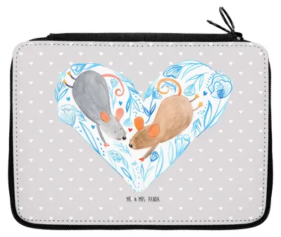 Produktbild von Mr. & Mrs. Panda Mäppchen Mäuse Herz - Grau Pastell - Geschenk, Bleistiftetui, Federmäppchen, Freundin, Hochzeit, Stifteetui, Schlampermäppchen, Etui, Love, Maus