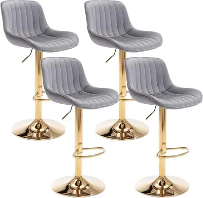 Image de Ensemble de 4 tabourets de bar gris en velours, avec dossier, pour cuisine. Tabourets de cuisine réglables en hauteur, pivotants, de style moderne, idéaux pour salle à manger, cuisine, comptoir, bar