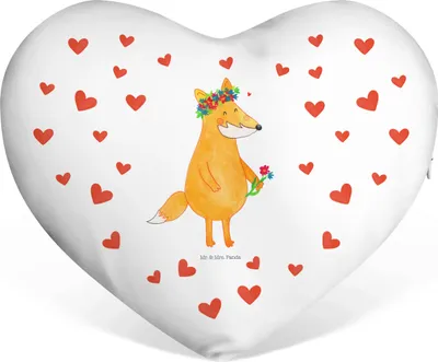 Produktbild von Mr. & Mrs. Panda Sofakissen Fuchs Blumen - Weiß - Geschenk, Boho, Kissen in Herzform, Liebe, Dekokissen, Blumenliebe, dekoartikel, Selbstliebe, Kuschelkissen, Herzkissen