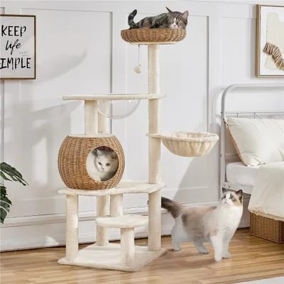 Produktbild von Yaheetech Kratzbaum Katzenkratzbaum 137,5cm Rattan Katzenbaum Stabiler Kletterbaum mit Katzenhaus waschbare Kissen Korb Sisalstämme Beige
