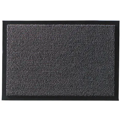 A doormat with a textured surface and a black border, presented on a white background.