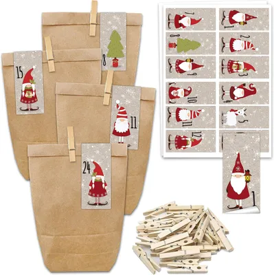 Image de Calendrier de l'Avent à remplir - 24 petits sacs cadeaux et 24 autocollants et clips numérotés - Motifs : autocollants aux formes géométriques - Père Noël