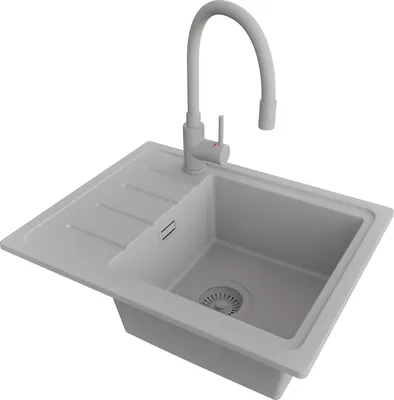 Produktbild von PRIMAGRAN Granitspüle Grau 55x44cm, Spülbecken 1 Becken + Küchenarmatur 38x14cm + Ablauf-Set, Küchenspüle ab 45er Unterschrank - Kopenhagen Easy