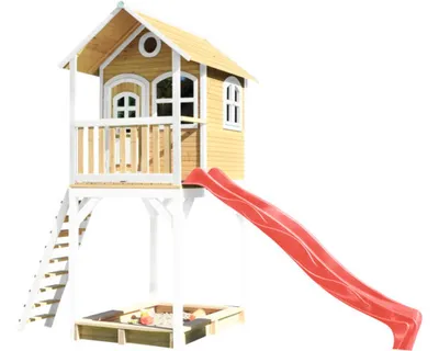 Produktbild von AXI Spielhaus Romy mit Sandkasten & roter Rutsche | Stelzenhaus in Braun & Weiß aus Holz für Kinder | Spielturm für den Garten