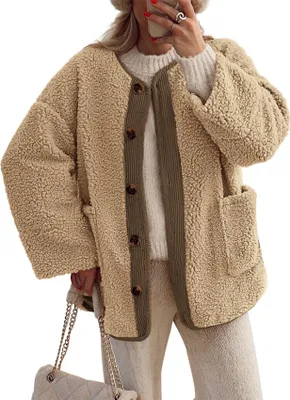 Obrázek produktu pro ASKSA Dámské zimní kabáty Sherpa Fleece Jacket Fuzzy Button Up s dlouhým rukávem Casual Warm Jackets with Pockets (Khaki,XXL)