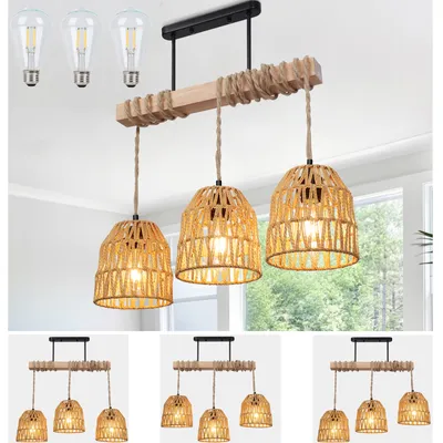 Immagine prodotto di Lampada a sospensione a LED a 3 luci in rattan e legno， presa 27， altezza regolabile