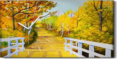 Produktbild von Küche Wohnzimmer Wand Leinwand Uhr 60x30 Gemälde Brücke Wald Bäume Herbst - weiße Hände